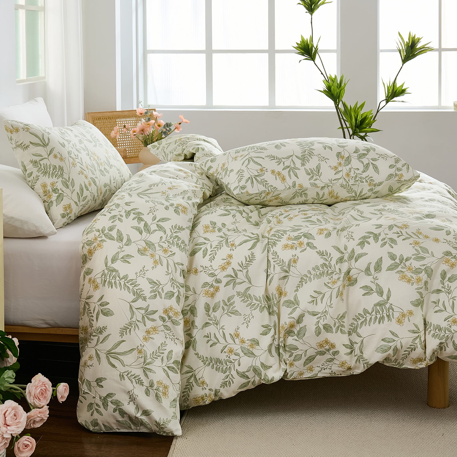100% Nature Cotton Duvet Cover Vintage Reversible Green and Yellow Floral Garden Style Comforter Cover with Zipper Closure, 3 Pieces Soft & Breathable Green Bedding Set