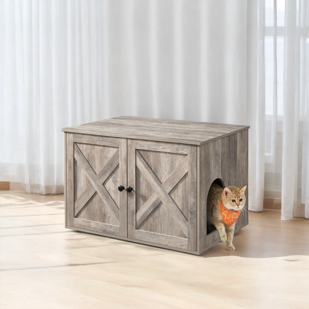 Heather Greige Cat Litter Box Enclosure. Doubles as indoor cat house & end table. Hidden design, sized 27.6 x 19.7 x 19.7 inches.