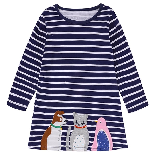 Vestido Para Niñas, Ropa Para Niñas, Ropa De Otoño Para Niños, Camiseta De Manga Larga, Vestido Bordado A Rayas De Dibujos Animados, Azul Marino Odeerbi LM103-220