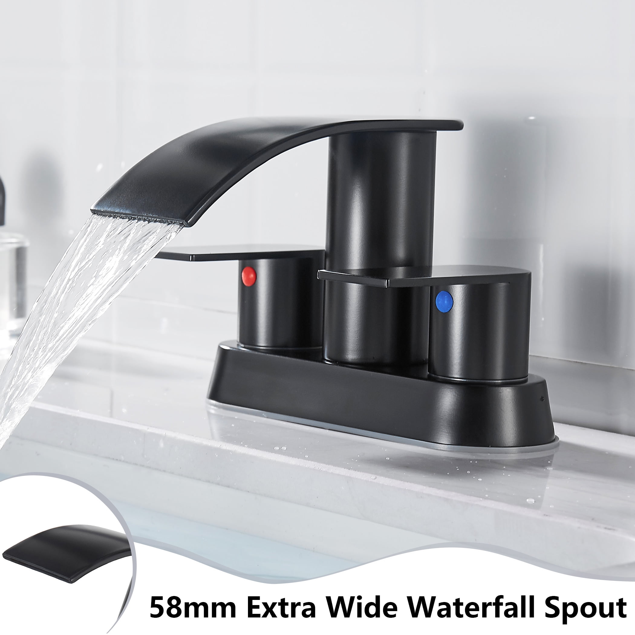 Kede Waterfall Bathroom Faucet Lavatory 2 Handle 3 Hole 4 Inch Bathroom Sink Faucet Washbasin Faucet with Deck and Pop-up Drain Black Centerset Bathroom Faucet