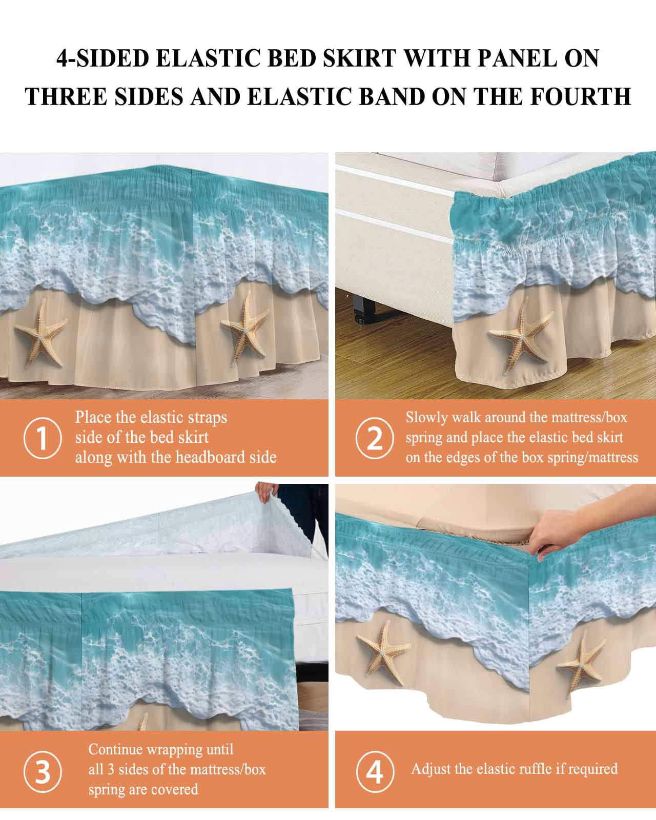 Teal Coastal Wrap Around Bed Skirts for King Bed 18" Drop,Bed Skirt with Adjustable Elastic Belt Dust Ruffle Bed Valance for Bedroom Hotel Summer Beach Starfish Nautical Seaside Bed Frame Cover