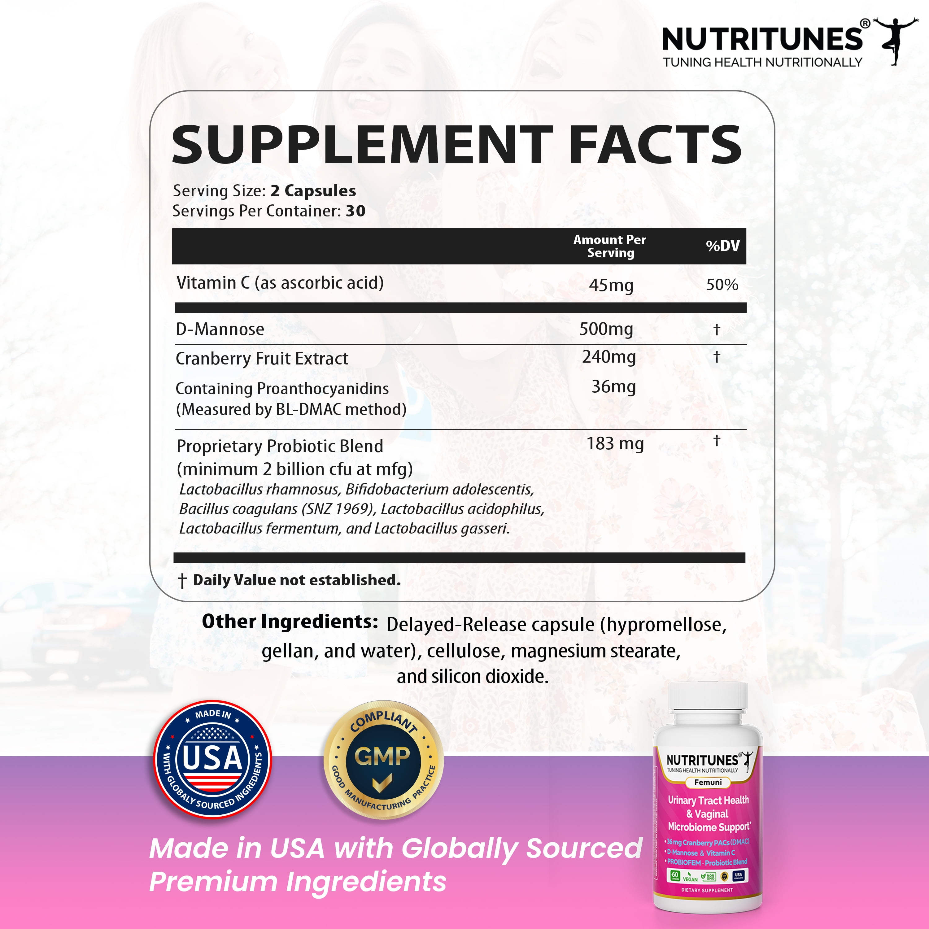 Femuni UTH Urinary Tract Health Supplement for Women – 36mg Cranberry PACs, D-Mannose, Probiotics & Vitamin C – Supports Urinary & Vaginal Health, pH Balance & Immune Support – 60 Capsules