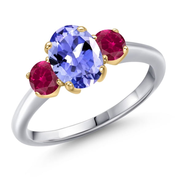 Gem Stone King 10K Two Tone Gold Blue Tanzanite and Red Created Ruby Engagement Ring for Women | 1.66 Cttw | Oval 8X6MM | Gemstone December Birthstone | Size 6