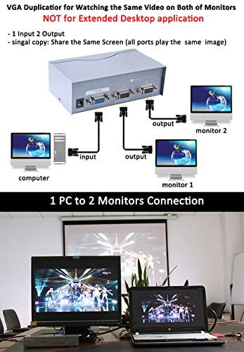 DTECH VGA Splitter 2 Port Video Distribution SVGA 1 PC to 2 Monitor Signal Copy 
