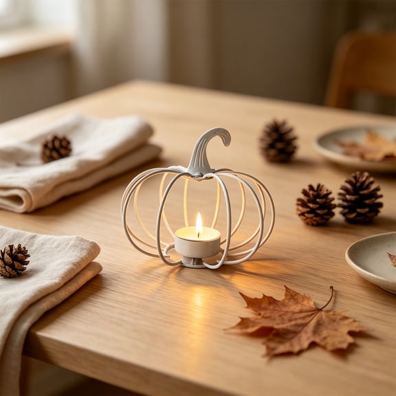 Iron Art Halloween Pumpkin Candle Holders, Rustic Metal Jack-o-Lantern Tea Light Stands, Harvest Season Tabletop Decor for Romantic Dining, Thanksgiving Centerpiece and Autumn Mantel Display, White