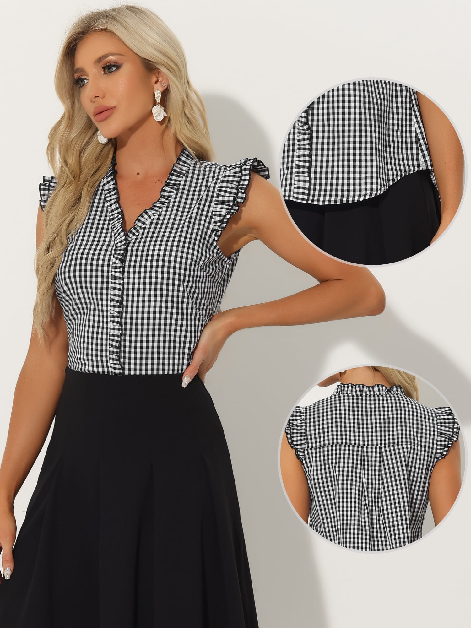 DARING DIVA Women's Cap Sleeve Plaid Gingham Ruffle Blouse M Black