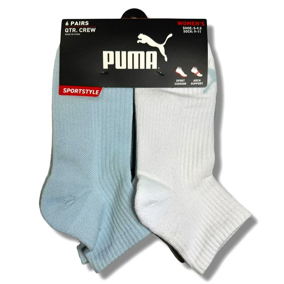 PUMA SOCKS WOMEN'S - QUARTER CUT 253 - RIBBED BLUE WHITE - SHOE SZ 5-9.5 -PACK 6