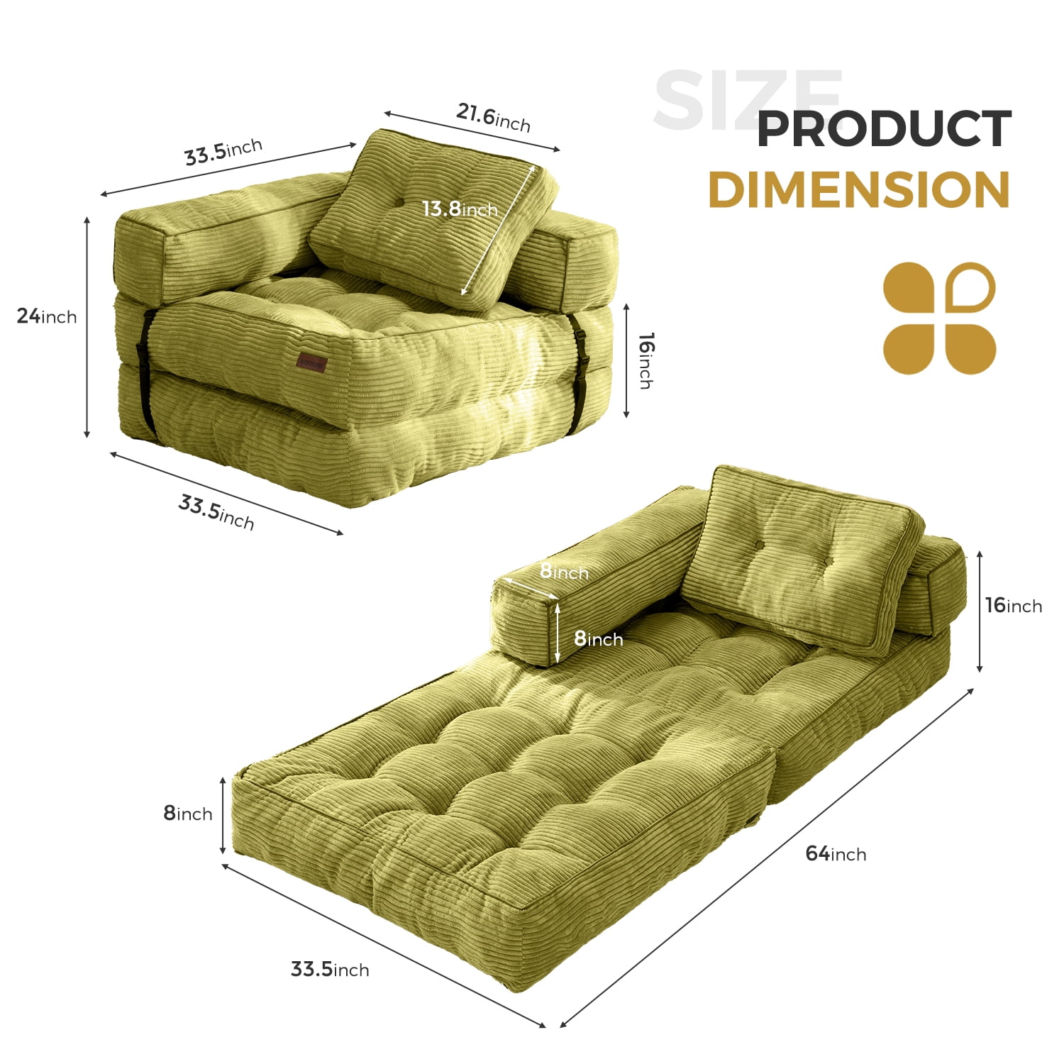 BYBYME Folding Sofa Bed,8 Inch L Shape Convertible Sofa Bed with Armrests,Floor Sofa Bed with Pillows,Portable Folding Chair Bed,Lounger for Living Room and Bedroom,etc.,Green