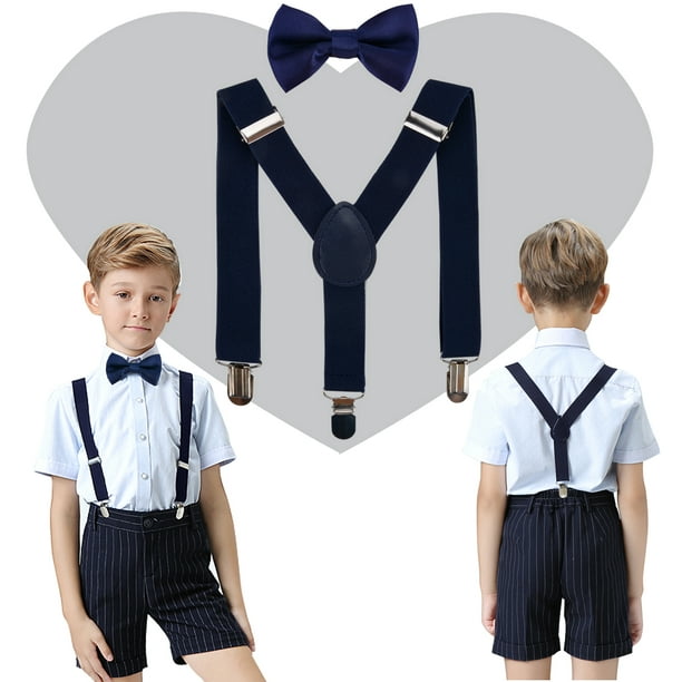 Kids Boys Elastic Suspender Metal Clip Y Back Adjustable Suspenders Bow Tie  Set for Wedding Party 