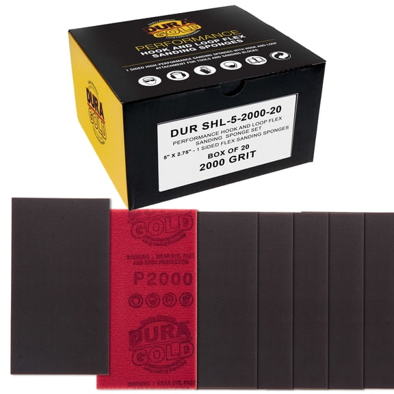 Dura-Gold 2000 Grit 5" x 2-3/4" Sanding Sponges, Box of 10 - Performance Hook & Loop Wet or Dry Flexible Sandpaper Sponge Pads - For Hand Sanding Blocks, Palm Sanders - Polish Metal, Auto Paint, Wood