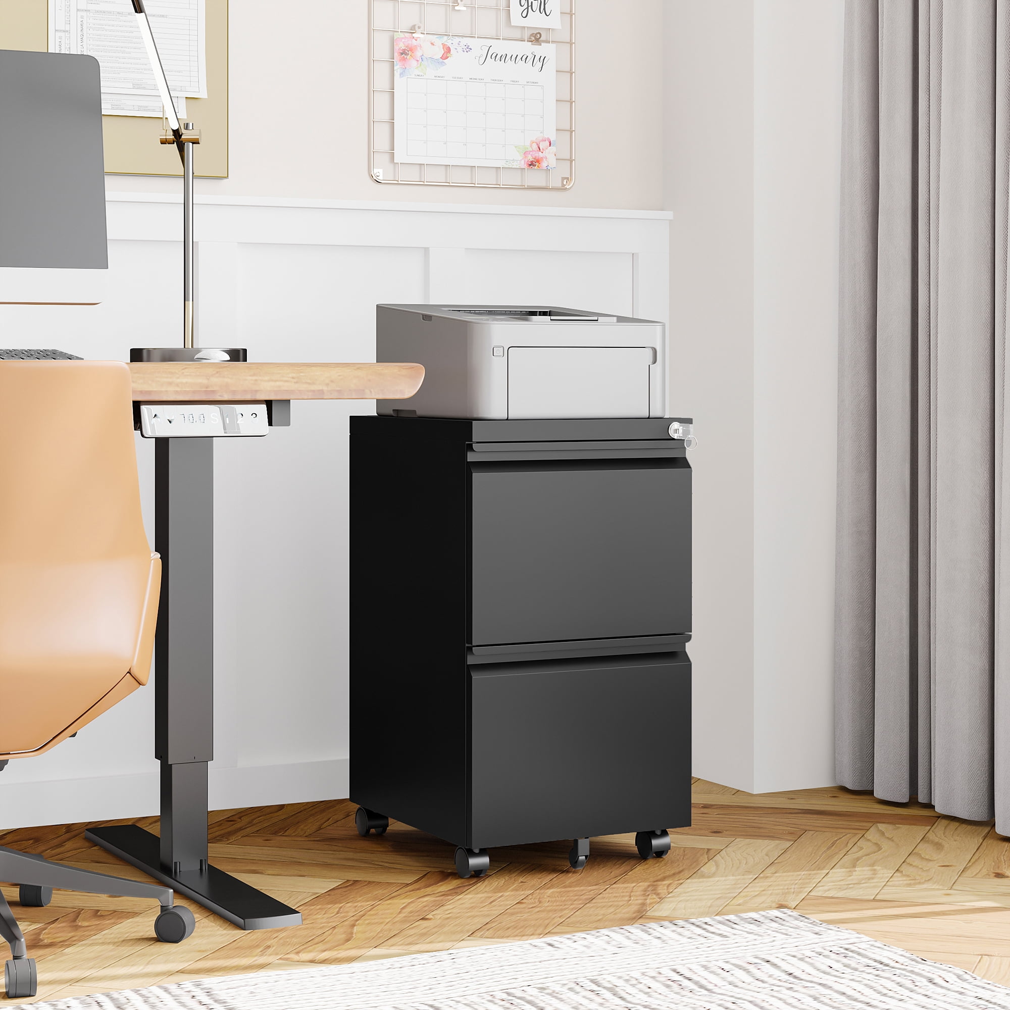 AUHUP 2 Drawer Mobile File Cabinet with Lock, Metal Filing Cabinet with Wheels for Legal/Letter/A4 File, Under Desk File Cabinets for Home Office, Black,Fully Assembled