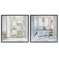 Stupell Industries Bathroom Interior Soft Cottage Design Abstract Drawing Black Framed Art Print Wall Art, 24 x 24, Set of 2