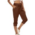 thumbnail image 2 of Tumotour Athletic Pants For Women Solid Color Casual Cropped Pants Tight High Waist Pants Beach Pants Drawstring Button Pocket Athletic Pants, 2 of 9