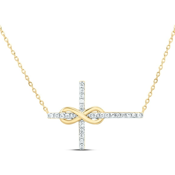 10K Yellow Gold Real Diamond Womens Sideways Infinity Cross 18" Necklace 1/10 CT