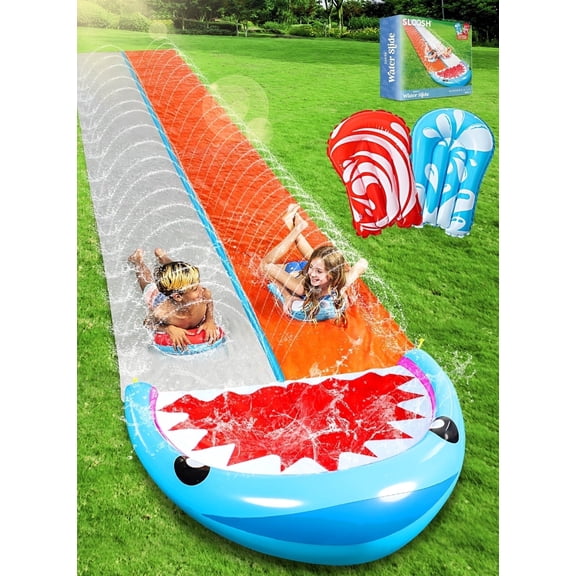 Joyfy Water Slides with 2 Inflatable Boards, 22.5ft Backyard Outdoor Lawn Slip Waterslide with Sprinklers Summer Toy, Shark