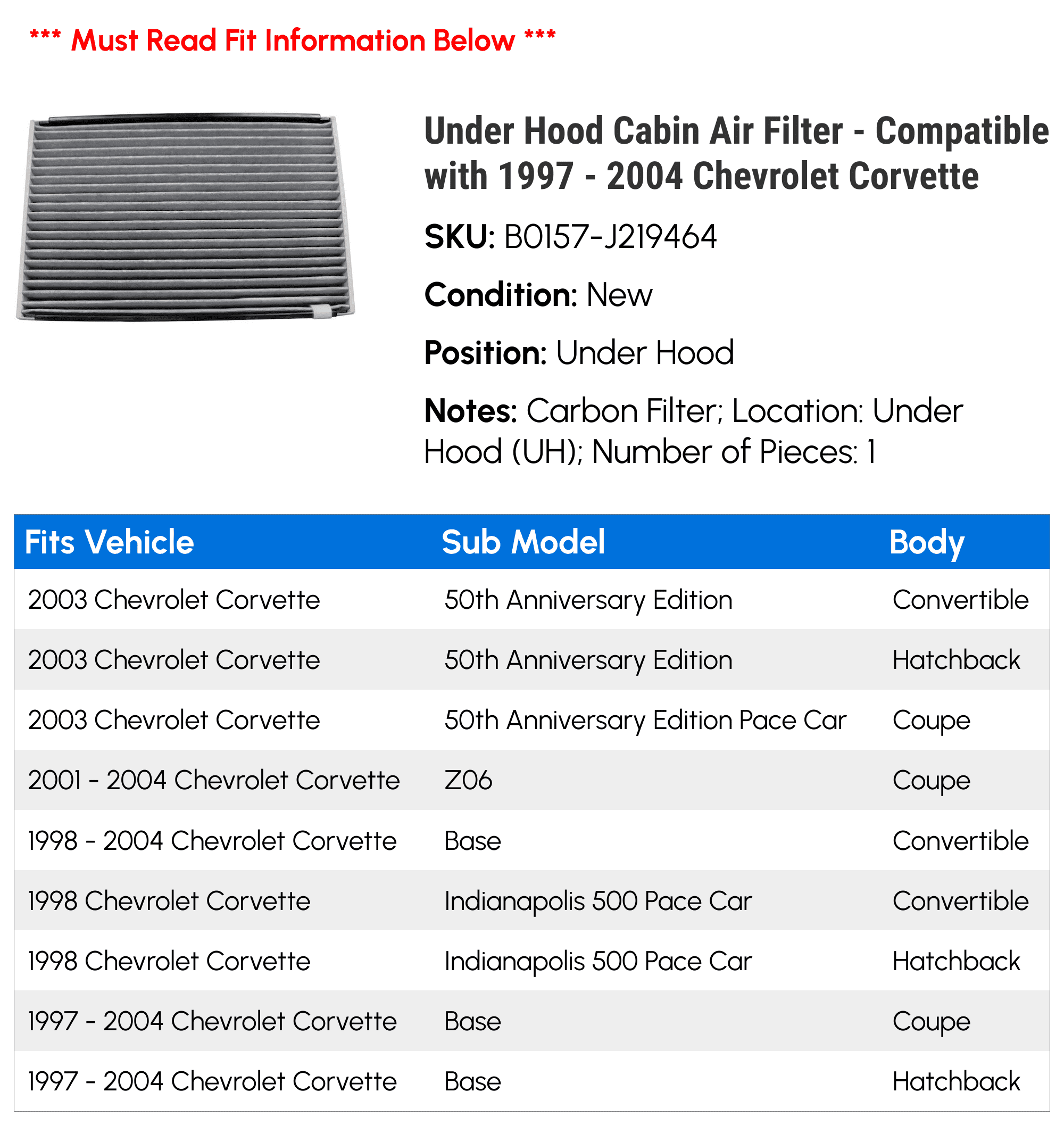 Under Hood Cabin Air Filter - Compatible with 1997 - 2004 Chevy Corvette 1998 1999 2000 2001 2002 2003
