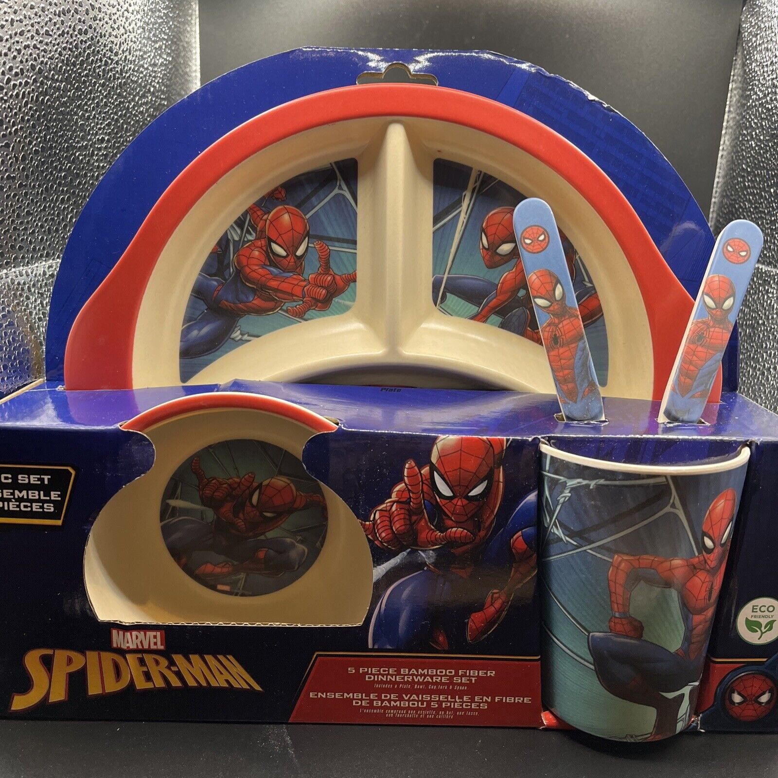 Marvel Spiderman Bamboo 5 Piece Dinnerware Set Plate Bowl Cup Fork Spoon