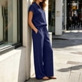thumbnail image 6 of VBVC Women's Collared V-Neck 2 Piece Lounge Set, Casual Summer Tracksuit Outfit with Drawstring Wide Leg Pants and Pockets,Navy,S-2XL, 6 of 8