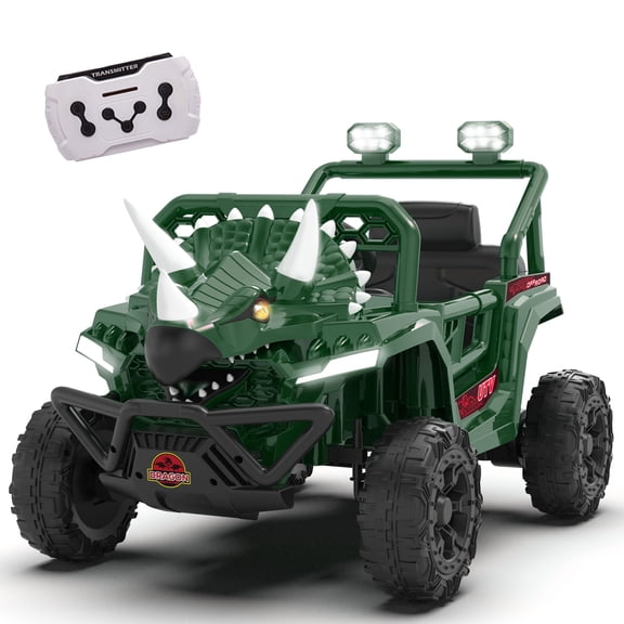 Xuanlur 12V Dinosaur Ride on UTV, Kids Electric Car w/Parent Control, 70W Motors, 3-Horn Dinosaur Design, Rear Light & Flag, Front Bumper, 3 Speed, LED, Bluetooth, Ride on Toys for Boys Girls, Green