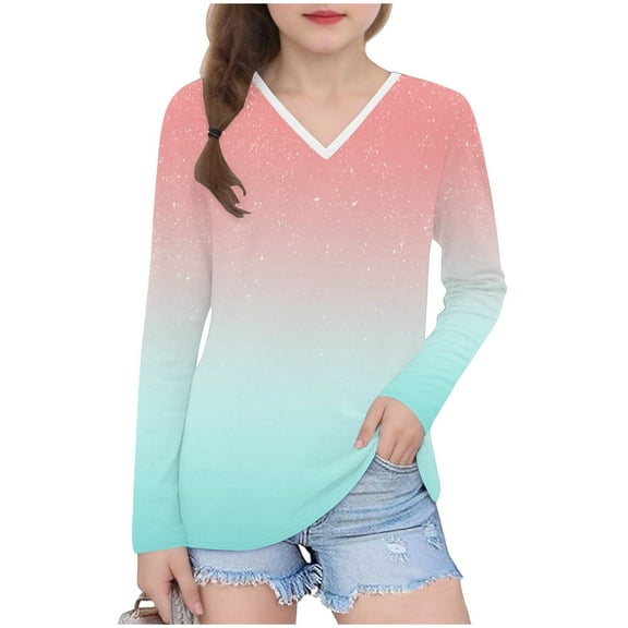 Khunlpohl Girl's V Neck Tops Long Sleeve Casual Tunic Blouses Fashion Comfortable Pullover Shirts for Kids 3-14 Years