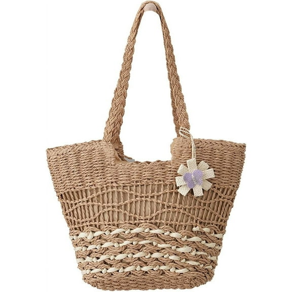 Straw Tote Bag for Women Summer Vacation Beach Handbags Boho Rattan Woven Shoulder Purse Zipper Closure