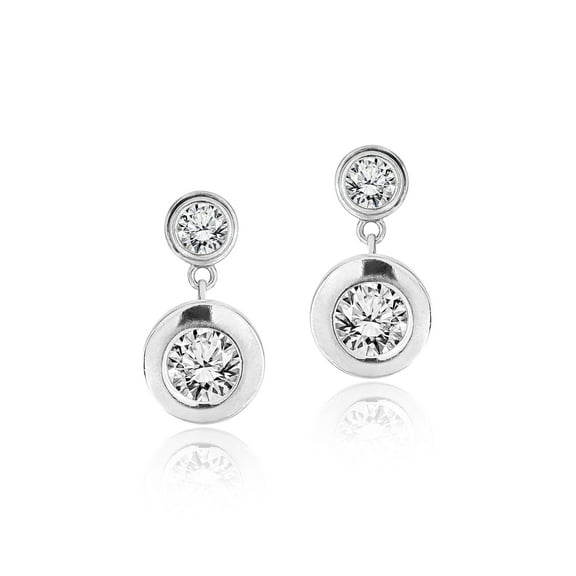 JeenMata Sparkling 2.5 Carat Double Round Cut Stone - Bezel Set - Women's Dangle Earrings - White Gold plated