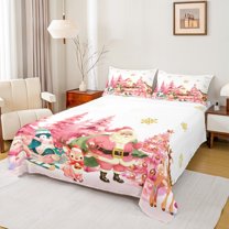 Manfei Girly Pink Cartoon Teen Queen Sheet Sets, Christmas Magic Santa Claus Flat Sheet, Fairy Tale Reindeer Queen Fitted Sheet, Super Cozy Room Decor, 4-Piece