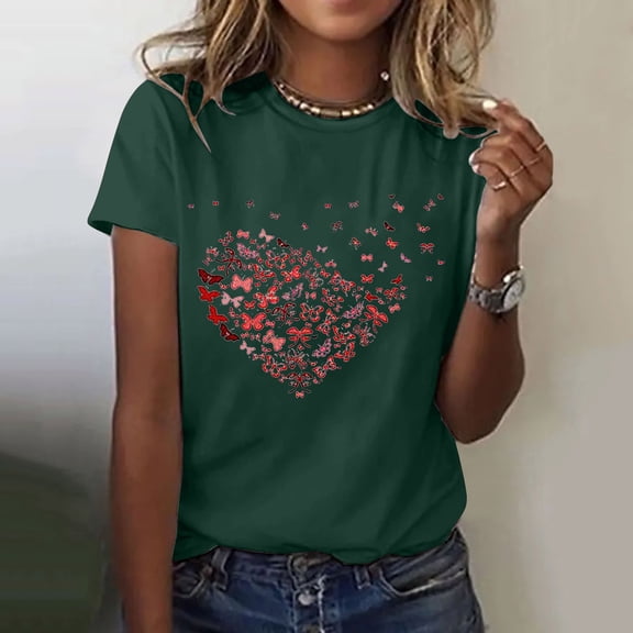 Green Women's Short Sleeve T-shirt, Women'S Love Butterfly Printed Shirt Short Sleeve Round Neck T Shirt Fashion Top Lightweight Soft Casual Summer Clothing Clothes,Women's Short sleeve T-shirt S