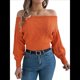 thumbnail image 2 of Suéter de Mujer con Hombros Descubiertos, Jersey de Punto con Cable Liso, Top Informal de Larga, Suéteres Cortos Color Naranja S, 2 of 10