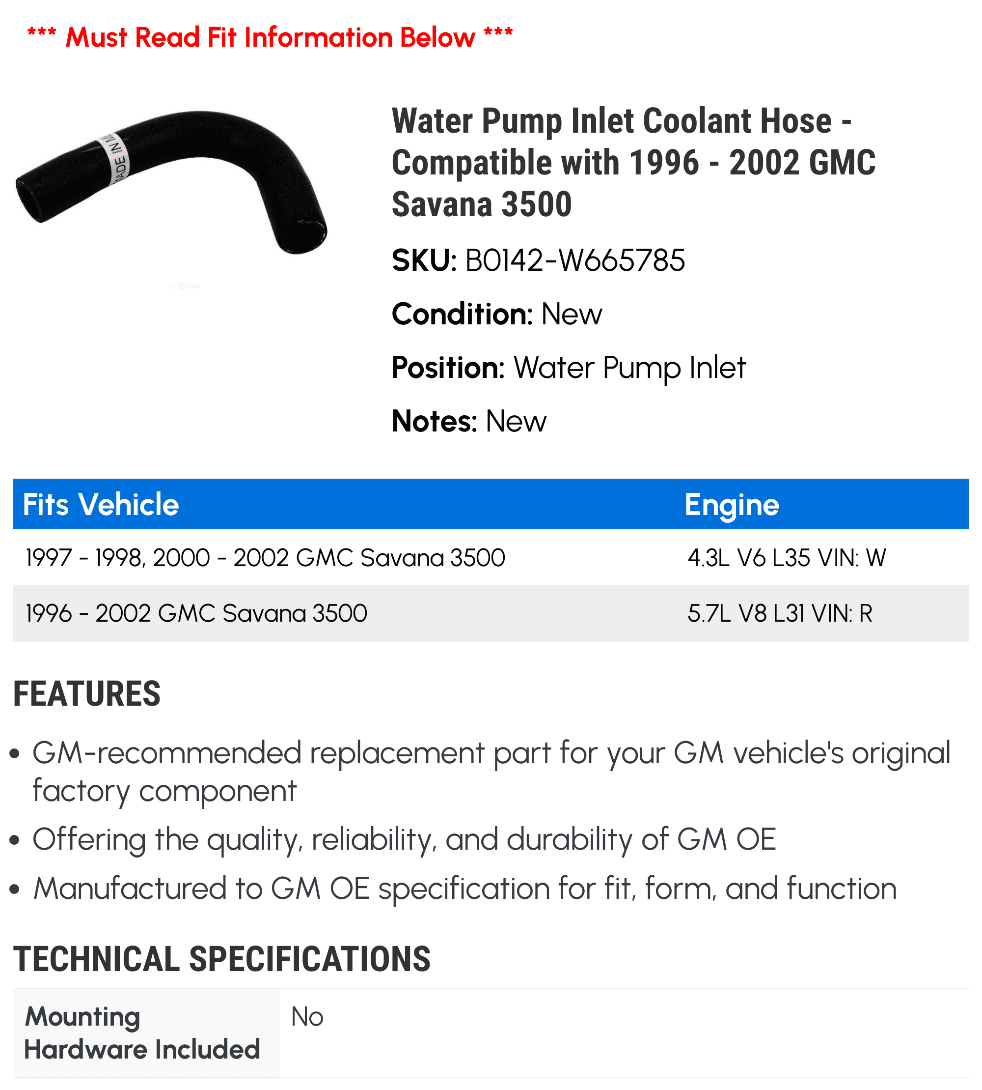 Water Pump Inlet Coolant Hose - Compatible with 1996 - 2002 GMC Savana 3500 1997 1998 1999 2000 2001