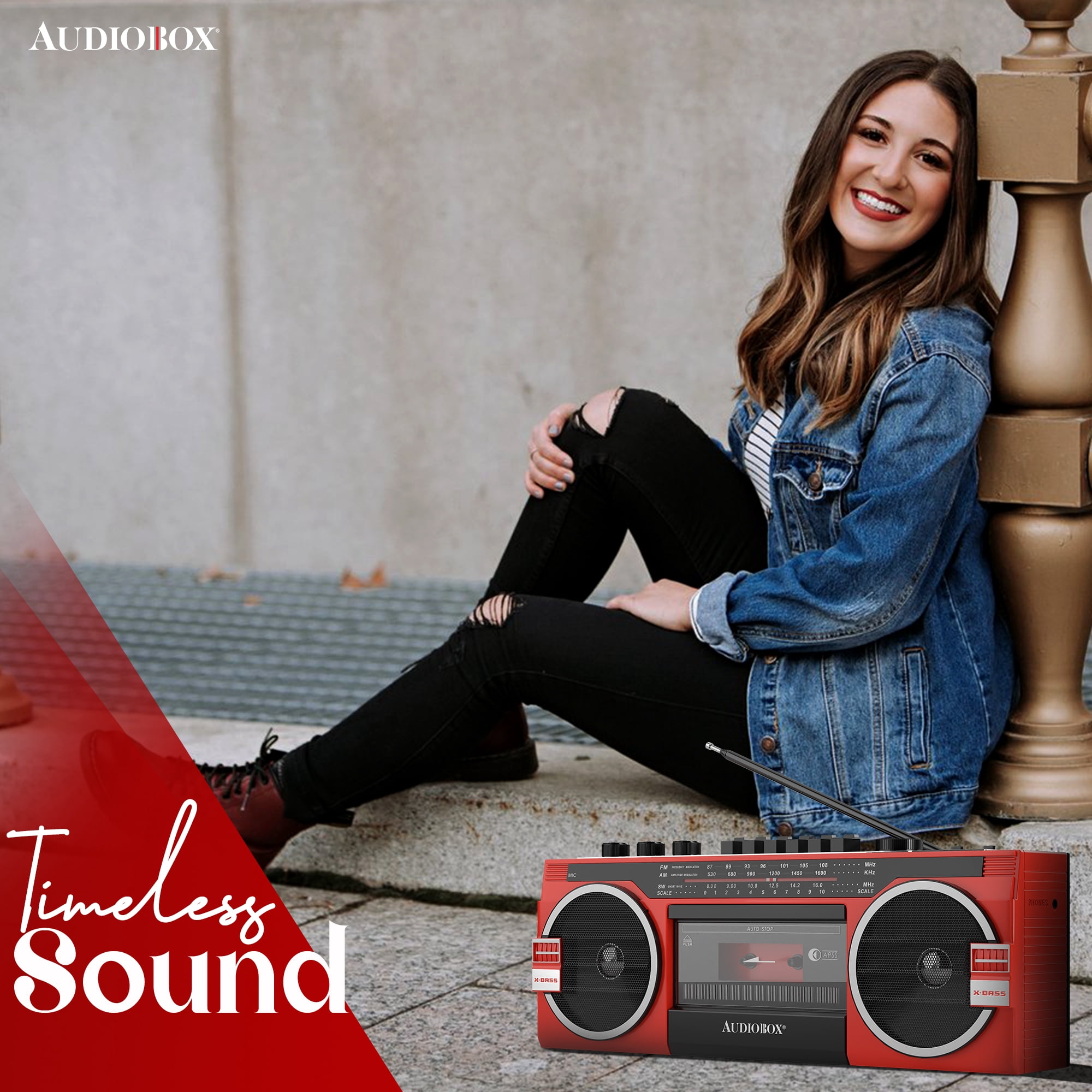 AudioBox RXC-25BT Bluetooth Boombox Speaker - 2 Way Boombox System with AM/FM/SW Radio, MP3 Playback, USB & SD Card Connection, Cassette Player, Built-in Speaker, 3.5mm Jack, Stereo Sound (Red)