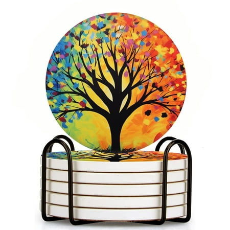 

Bahomeck Drink Coasters Set Of 6 With Holder Silhouette Of Old Tree With Colorful Leaves Water Absorbent Ceramic Coasters Tabletop Protection Suitable For Various Cup Home Decor