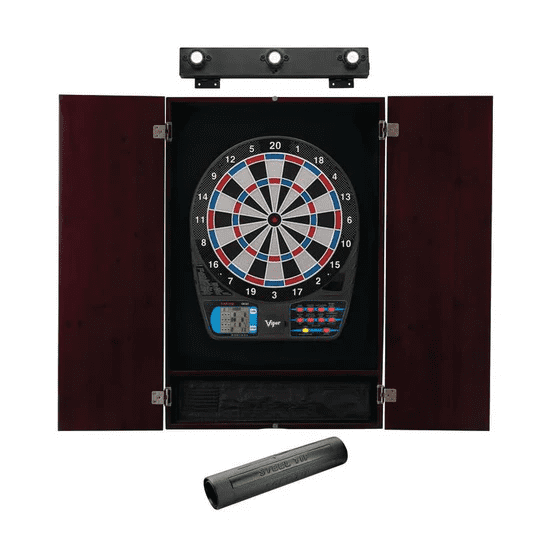Viper 787 Electronic Dartboard, Metropolitan Mahogany Cabinet, Padded Dart MAt & Shadow Buster Dartboard Lights