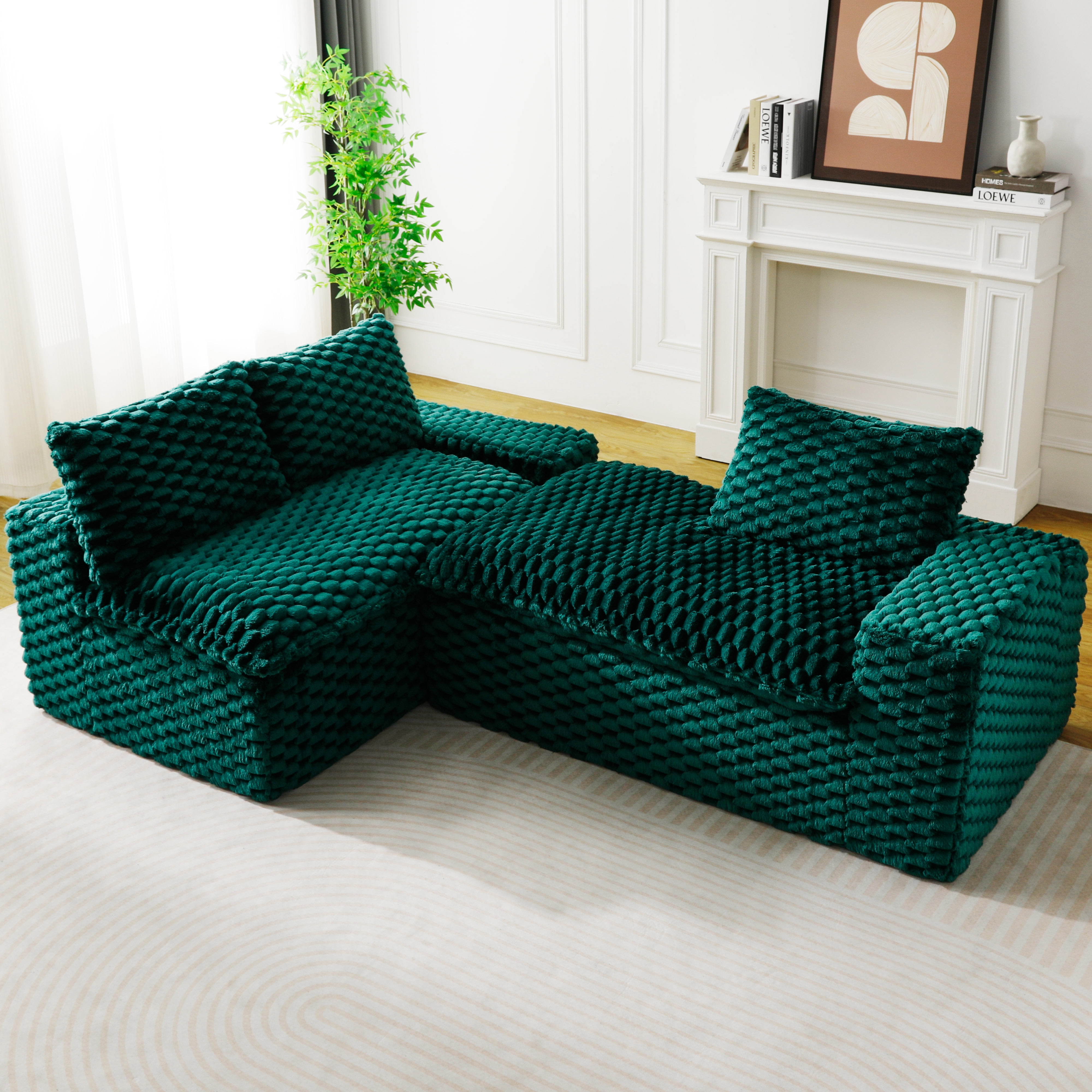 HOQBN 96"W Modular Sectional Sofa,L Shape Modern Corduroy Cloud Couch,Upholstered Deep Seat Boneless Sofa Couch with Left Chaise Lounge for Living Rooms,No Assembly Required,Green