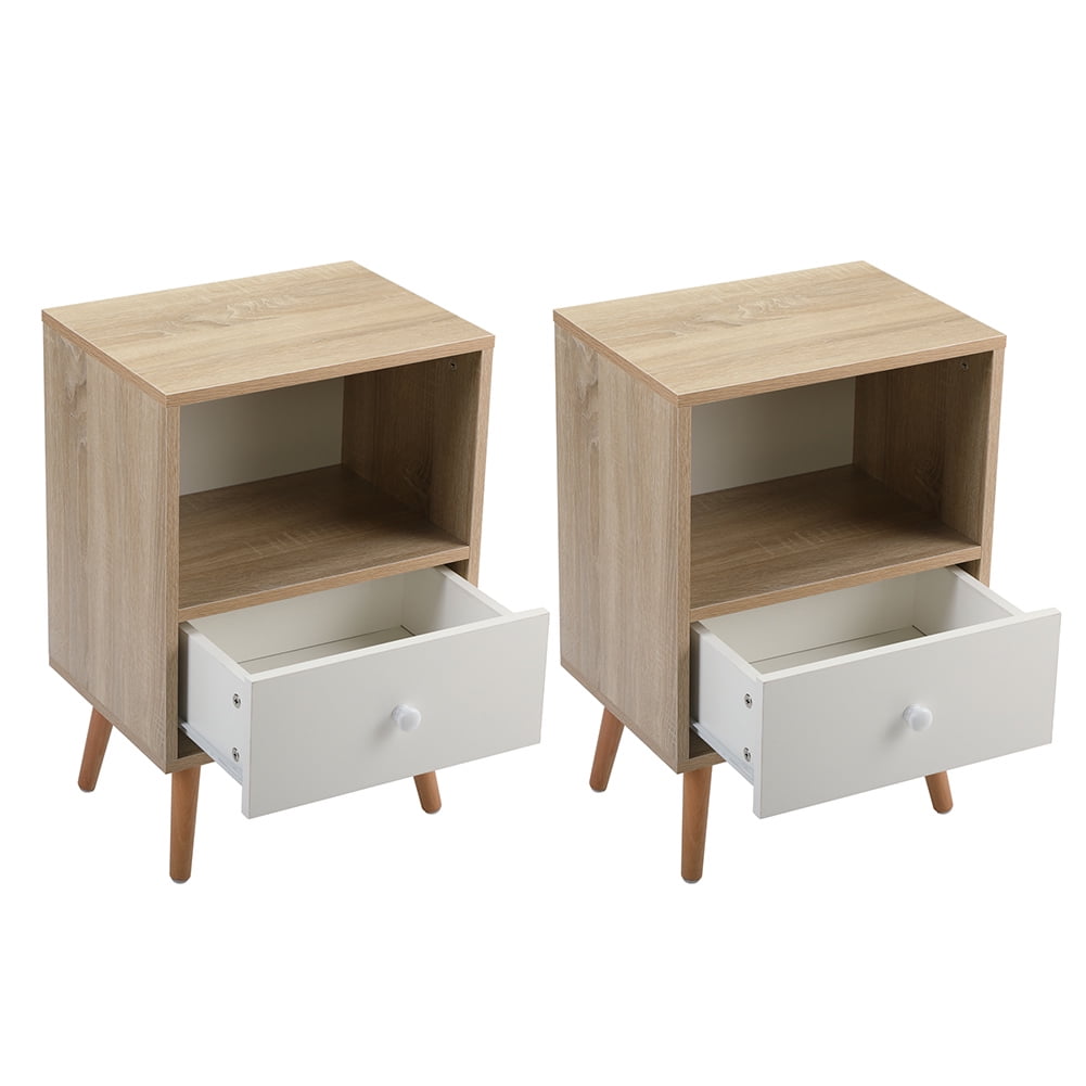 Kadyn Mid-century Wood Bedside Cupboard with 1-drawers, Bedside Cabinets with Storage, Natural-2PCS