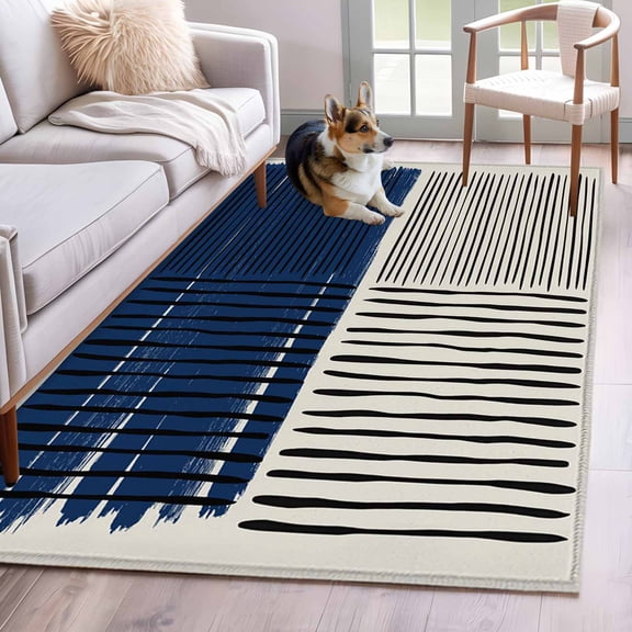 Area Rugs for Living Room Bedroom, Navy Blue Striped 4'x6' Rug Washable Carpet Runner Indoor Outdoor, Farmhouse Stripes Modern Abstract Art Non Slip Accent Floor Mats Rug for Kitchen, Office