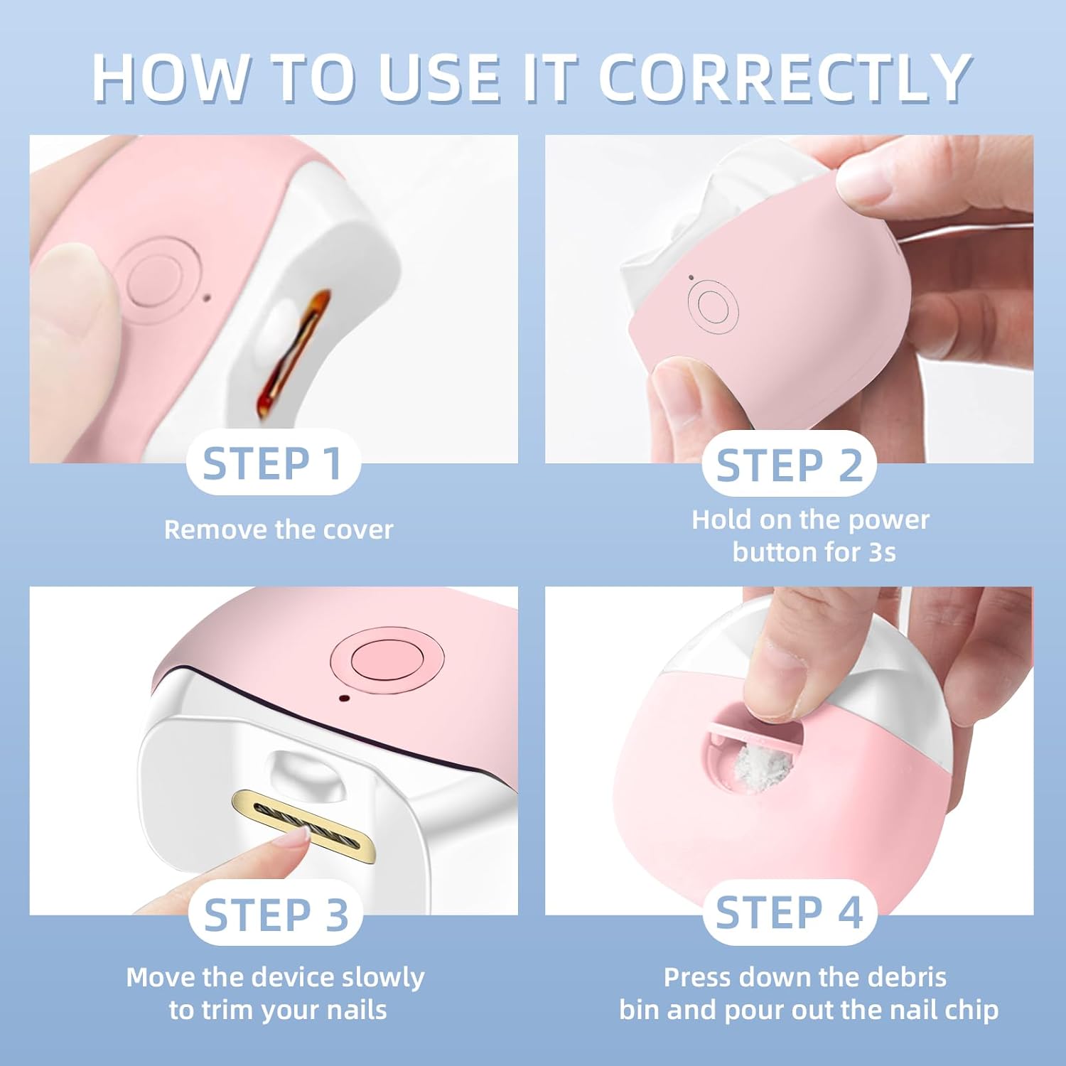 ABPETE Electric Nail Clippers,2 Adjustable Speeds, Cordless Rechargeable Fingernail Cutter with LED Light, Safety Electric Nail Trimmer for Adults, Children and Elders, Pink