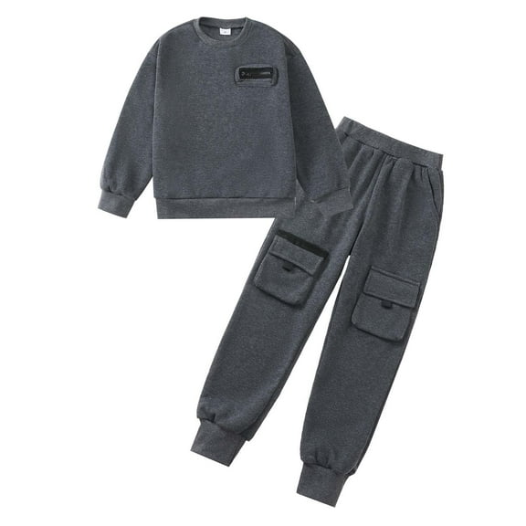 Kucnuzki 9 Years Big Boys Outfit Set 10 Years Tween Boy Pants Sets Long Sleeves Pullover Sweatshirt Top Pockets Sweatpants 2pcs Clothing Gray