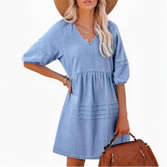 Womens Denim Dress Casual V Neck 3/4 Length Puff Sleeve Back Tie A Line Summer Dresses