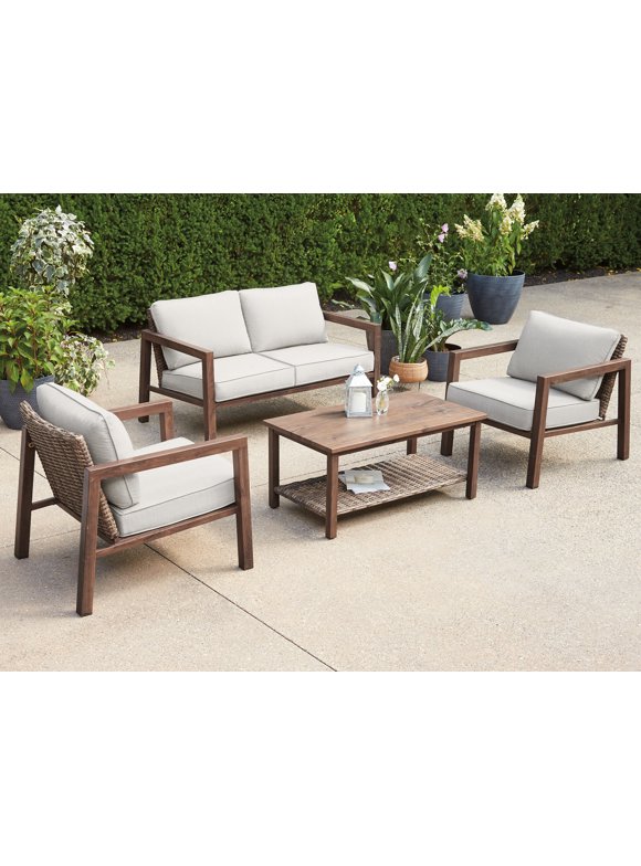 Better Homes & Gardens Willow Springs 4-Piece Wicker Outdoor Conversation Set with Cushions, Brown/Gray