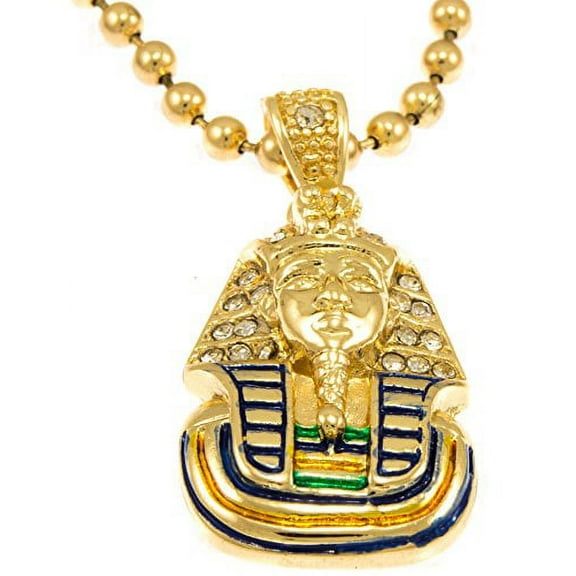 Hot New Gold Tone King Tut Pharaoh Mini Pave CZ Stones Pendant Necklace 30" Ball Chain