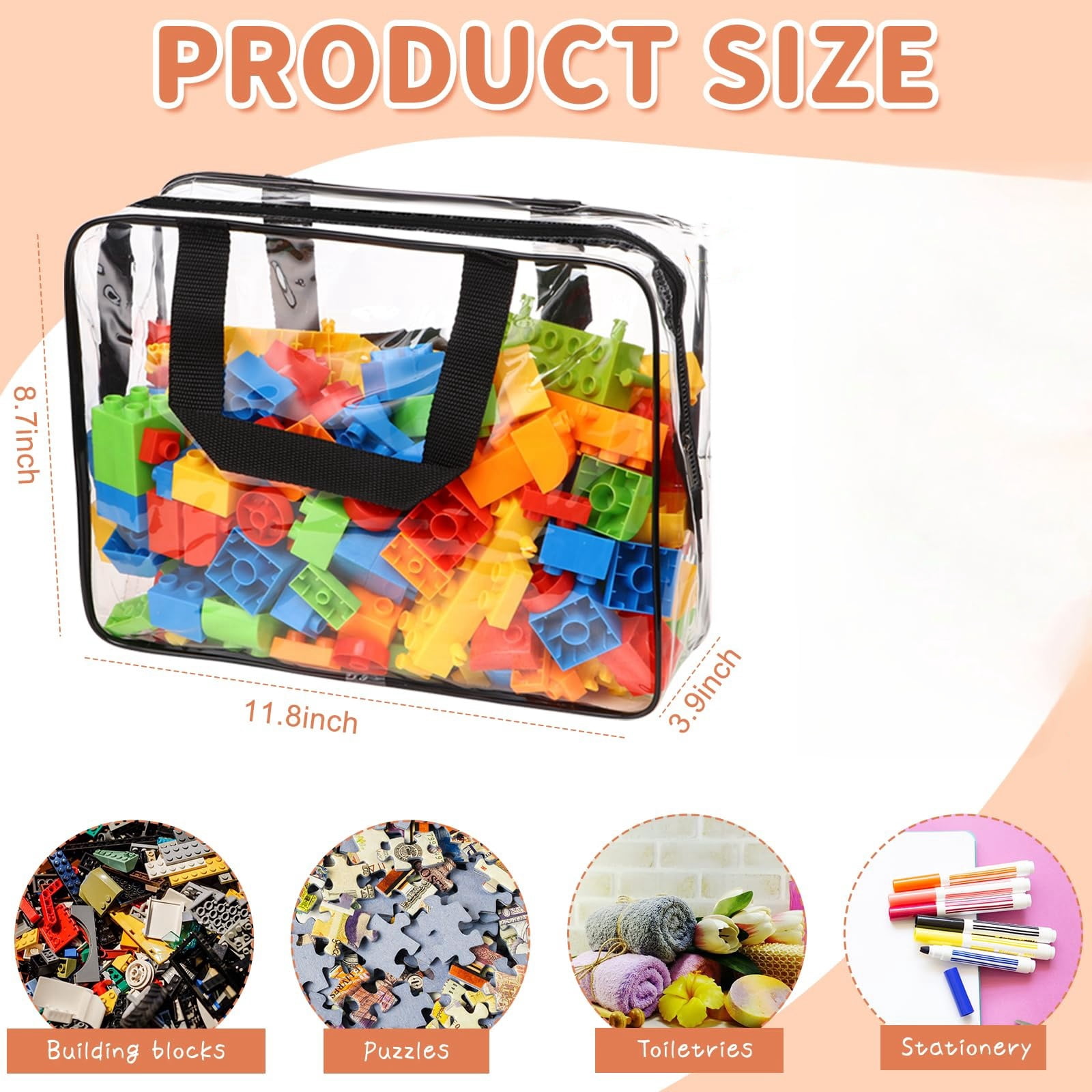 4 Pack Toy Storage Bags, Clear Zipper Bags for Organizing, Waterproof Toy Bags for Board Games, Building Blocks, Small Toys and Kids Books, Black
