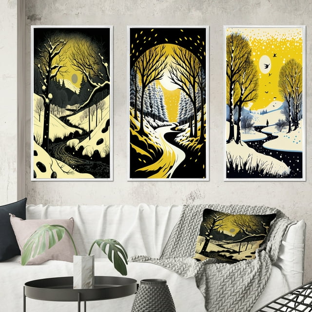 Designart "Winter Trees and Snowy Mountain River I" Landscape Forest Framed Wall Art Set Of 3 - Yellow Forest Frame Gallery Set For Office Decor