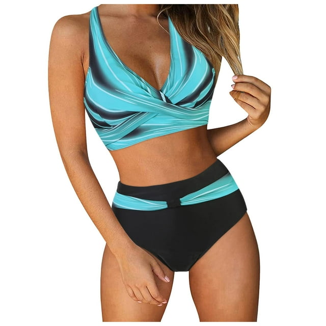 Women Sexy Push Up Tankini Set High Waisted Bikini Two Piece Swimwear Retro Ruched Print Swimsuit for Beach