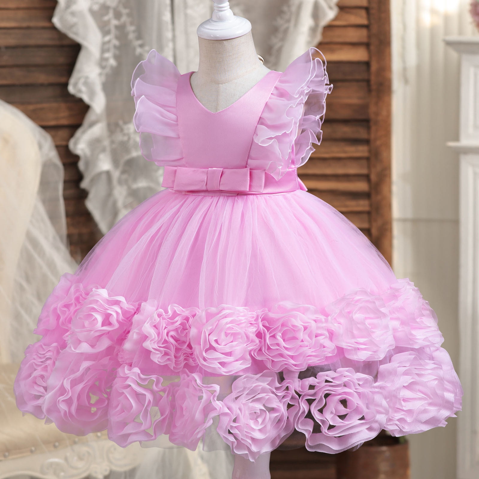 Child Girls Pageant Dress Party Fly Sleeve Lace Embroidery Flowers