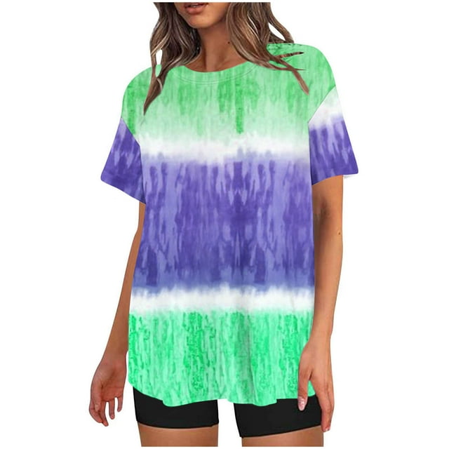 Penkiiy T-Shirts Dégradés Oversize pour Femmes Été Coupe Ample Col Rond Manches Courtes Hauts Blouse Décontractée Y2K Basique Graphiques 3TG Vert