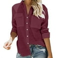 thumbnail image 1 of Mujeres Blusa de manga larga color puro cierre botón Turn Down Collar V cuello camisa Tops con bolsillos, 1 of 6