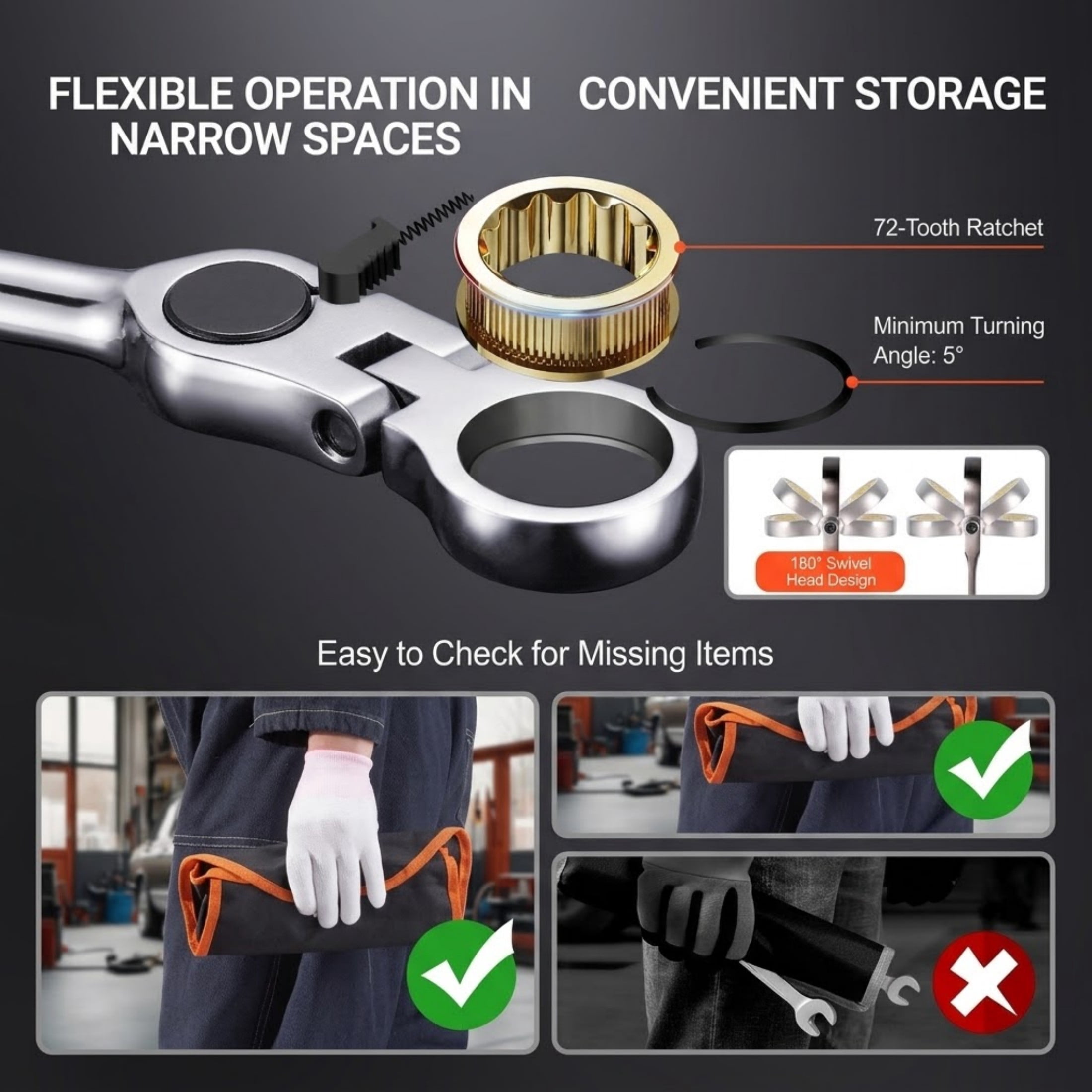 8-Piece Flex-Head Ratcheting Wrench Set, SAE 5/16" to 3/4" Combination Wrench Set with Roll-up Pouch, Cr-V Steel