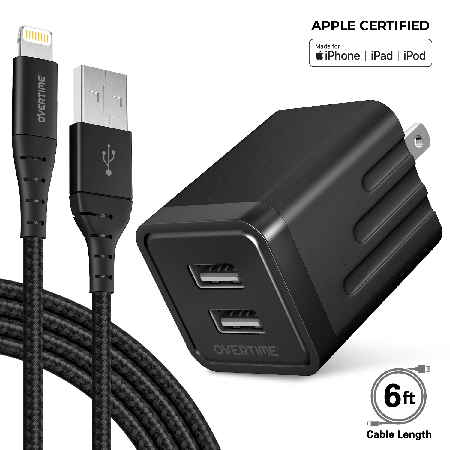 Overtime Phone Charger, MFi Certified Lightning Cable with 2.4Amp Dual USB Wall Charger Adapter
