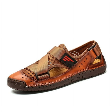 

XWQWJH Fashion Men s Cutout Breathable Mesh Hook and Loop Outdoor Platform Fisherman Sandals Closed Toe Comfortable Non Slip Slip-On Lightweight Casual Beach Sandals for Adventure Trail Hiking